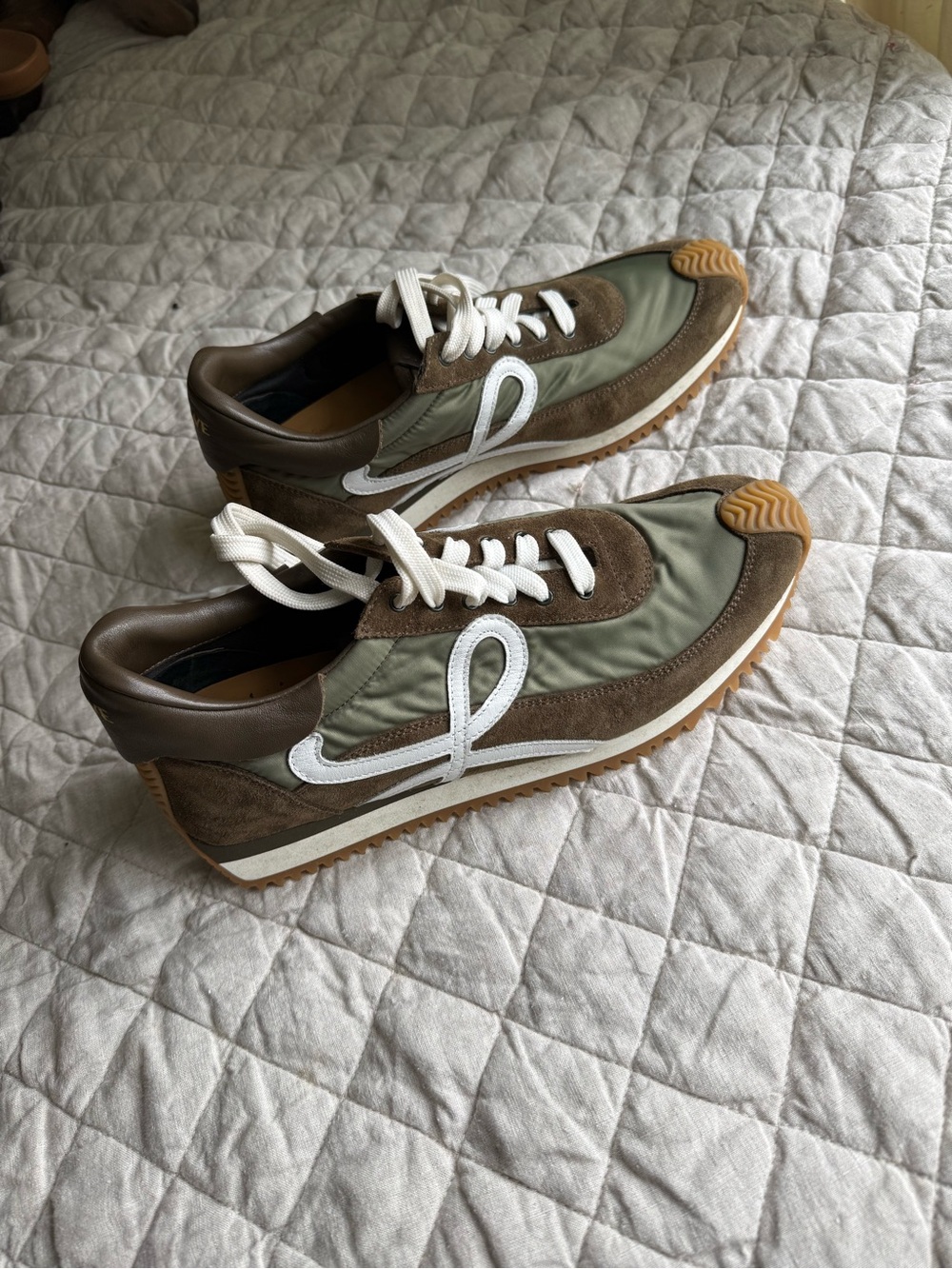 Loewe olive Green and Brown Suede Casual Sneakers with White Trim